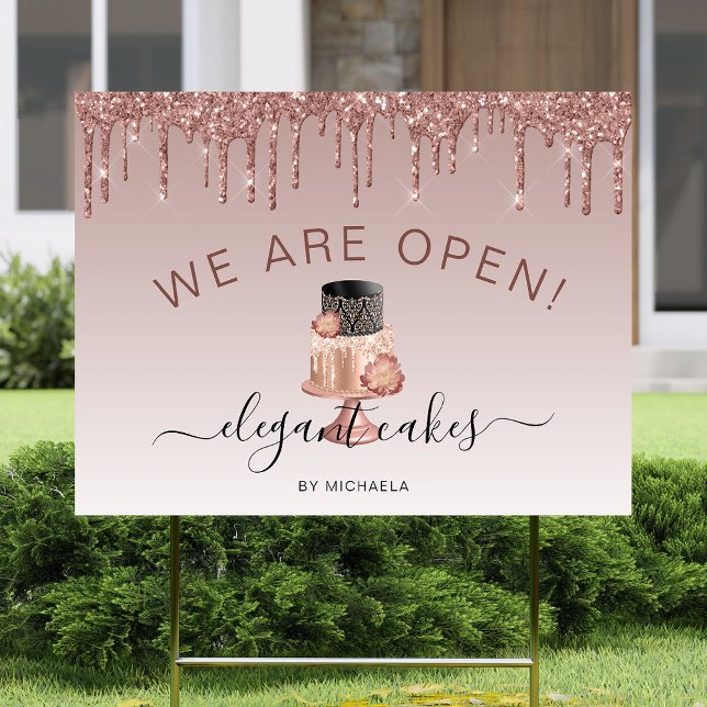 Bakery We Are Open Glitter Drip Rose Gold Cake Sign (Creator Uploaded)