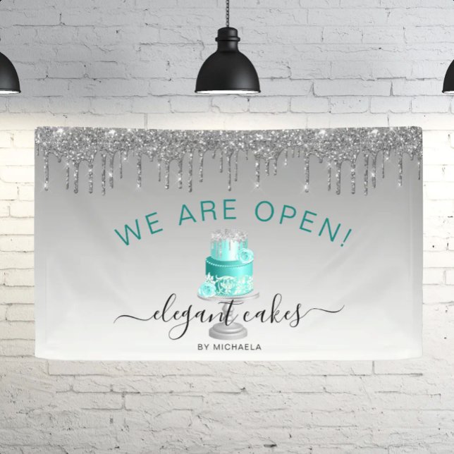 Bakery We Are Open Glitter Drip Turquoise Cake Banner (Creator Uploaded)