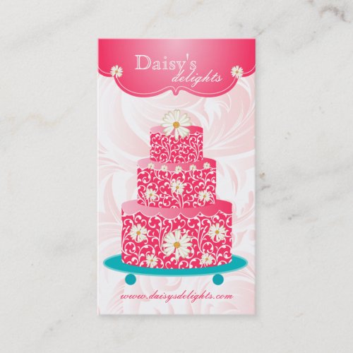 Bakery Wedding Cake Pastry Chef Pink Floral Daisy Business Card Template
