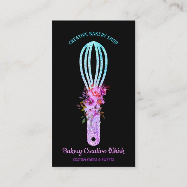 Bakery Whisk sparkling glitz teal Black Business Card (Front)