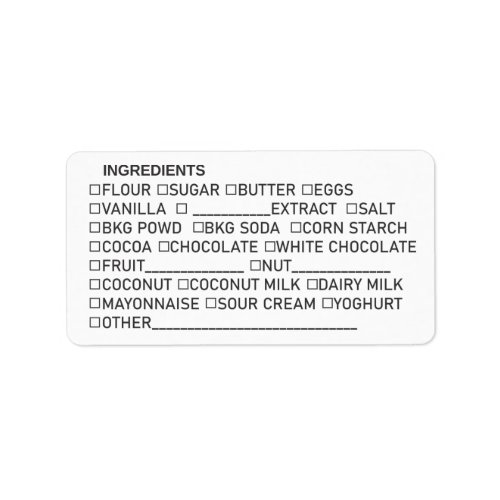 Baking bakery ingredients list packaging sticker