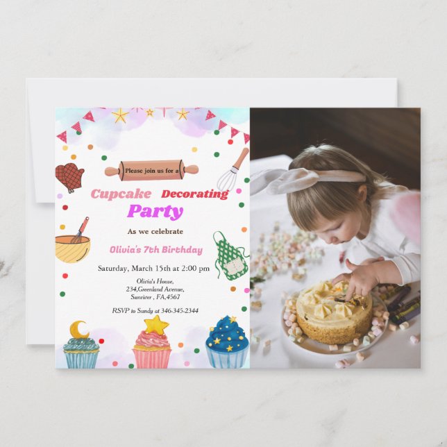 Baking bash party girl decorating birthday party invitation (Front)