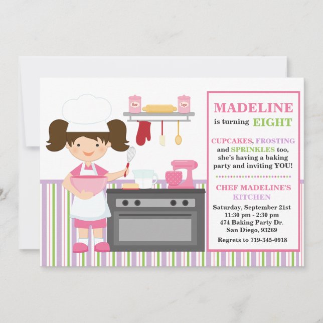 Baking Birthday Party Invitation Brown Hair (Front)