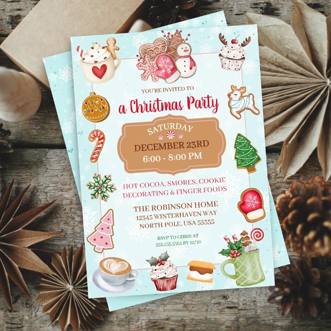 Baking Christmas Cookie Hot Cocoa Party Invitation (Cute mint green aqua and pink theme christmas party invitation for cookie decorating smores holiday)