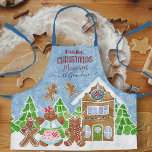 Baking Christmas Memories Grandma Gingerbread Man Apron<br><div class="desc">Child's size apron: "Baking Christmas Memories Grandma Gingerbread Man." Modern hand drawn script typography style text design, "Baking Christmas Memories with Grandma!" overlaid on a snowy sky with a gingerbread tree forest background and an angel, little girl and reindeer boy gingerbread people with their grandmother in the foreground over a...</div>