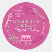 Baking & Cooking Utensil Pink & Green Bakery Classic Round Sticker (Front)