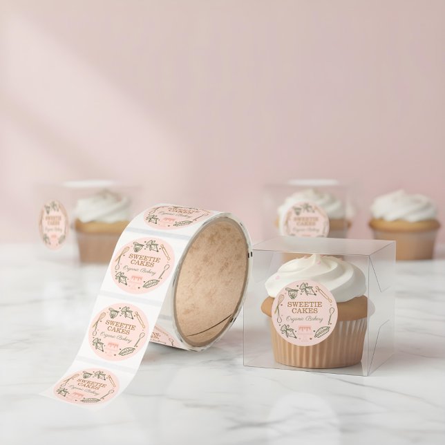 Baking & Cooking Utensil Pink & Olive Green Classic Round Sticker (Baking & Cooking Utensil Pink & Olive Green Classic Round Sticker)