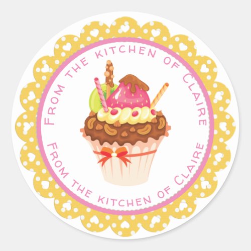 Baking cupcake from the kitchen of classic round sticker