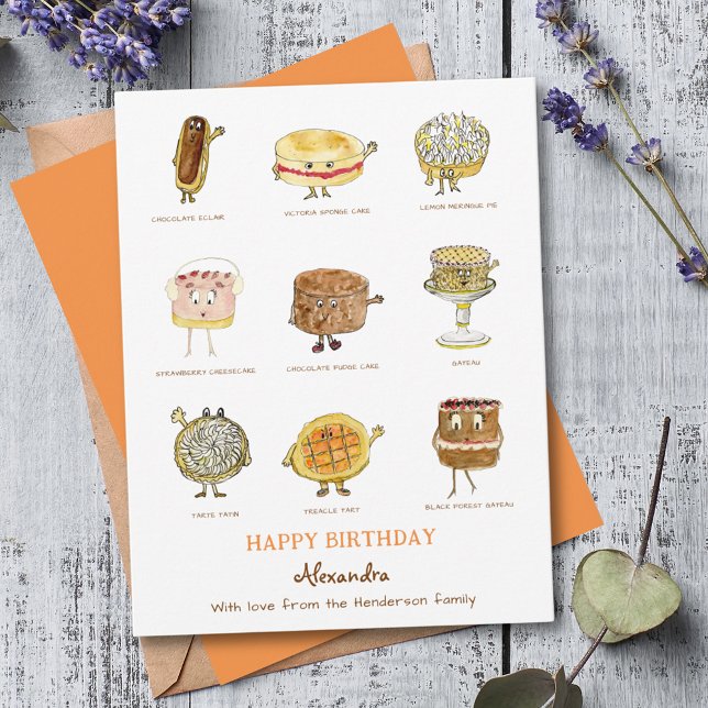 Baking Happy birthday cute cakes illustrations (Funny cake cartoon baking happy birthday personalized greetings card)