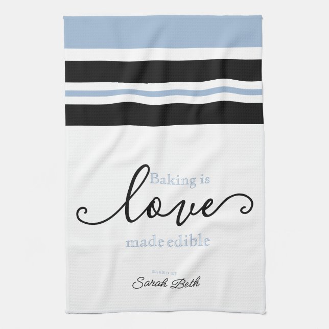 Baking is Love Made Edible Classy Script Striped Kitchen Towel (Vertical)
