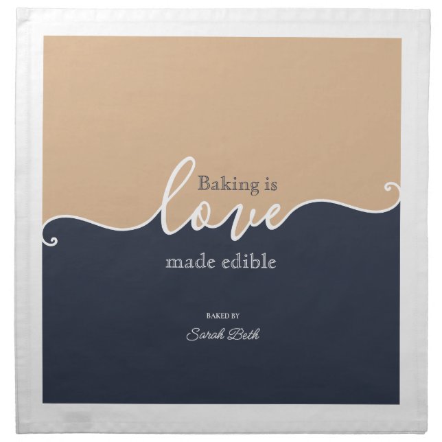 Baking is Love made Edible Navy & Tan Script 2 Cloth Napkin (Front)