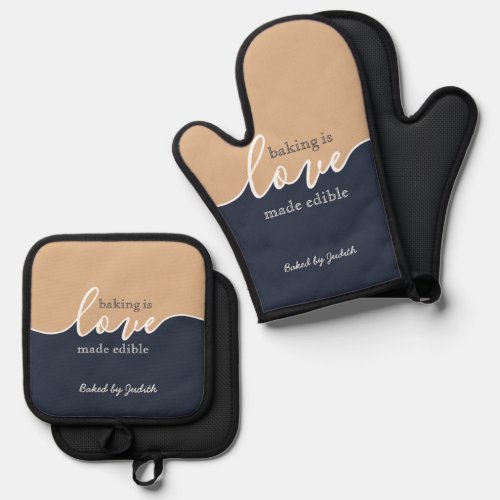 Baking is Love made Edible NAVY  TAN Script Oven Mitt  Pot Holder Set