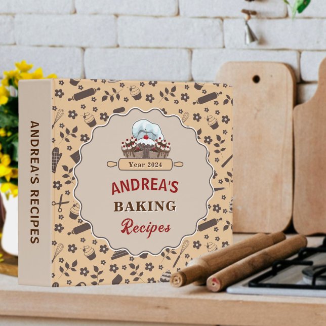 Baking Kitchen Utensils Personalized Recipes Beige 3 Ring Binder (Creator Uploaded)