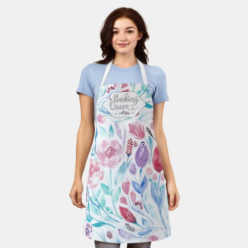 Baking Queen Pink Blue Spring Watercolor Flowers Apron