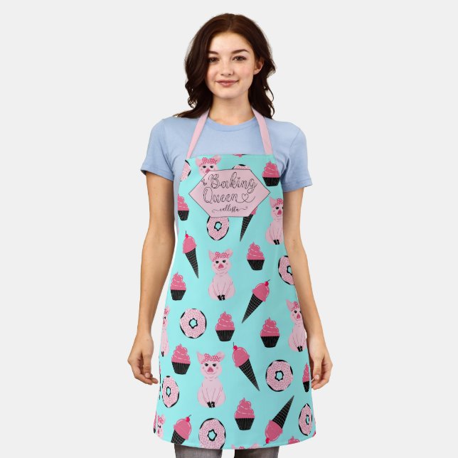 Baking Queen Pink Mint Piggy Donut Ice Cream Name Apron (Worn)