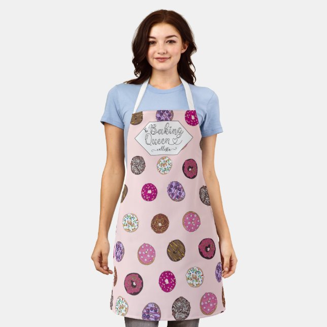 Baking Queen Pink Sprinkle Donuts Watercolor Name Apron (Worn)