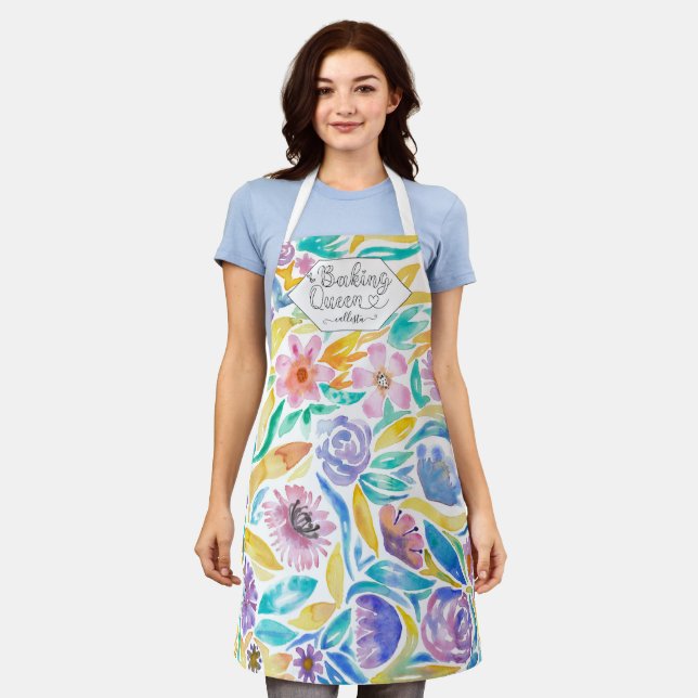 Baking Queen Yellow Purple Watercolor Flowers Apron (Worn)