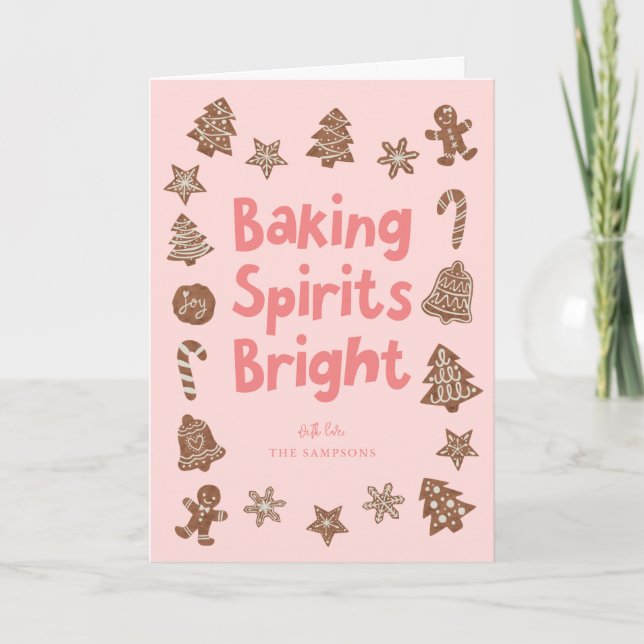 Baking Spirits Bright Christmas Cookies Pink Holiday Card (Front)