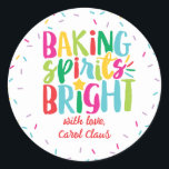 Baking Spirits Bright Colorful Sprinkles Christmas Classic Round Sticker<br><div class="desc">This Christmas design features the text "baking spirits bright" in fun, colorful typography surrounded by a border of rainbow sprinkles! Click the customize button if you would like to move/scale the images and further modify the text! Variations of this design, additional colors, as well as coordinating products are available in...</div>