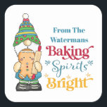 Baking Spirits Bright Cookie Christmas Holiday  Square Sticker<br><div class="desc">Share some of your favorite holiday cookies and treats with family and friends. Include this Baking Spirits Bright typography style on your baked good packaging. Features a cute festive Christmas or holiday gnome holding a ginger bread person and a baking rolling pin. Monogrammed with your name.</div>