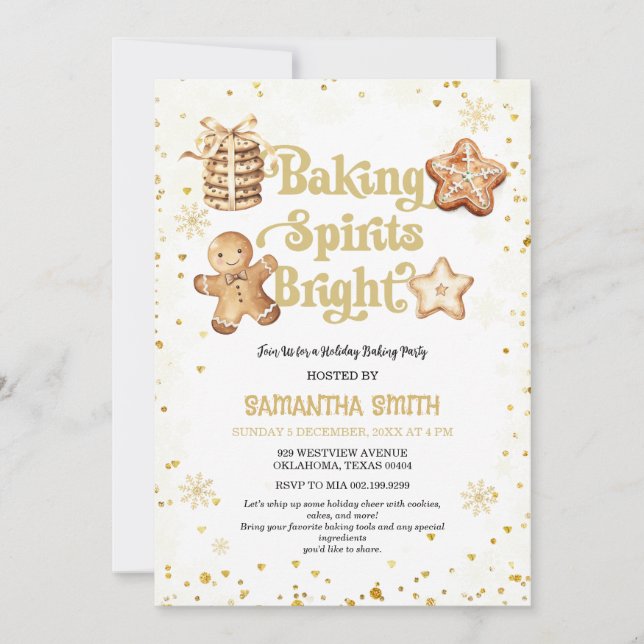 Baking Spirits Bright Gold Christmas Baking Party Invitation (Front)