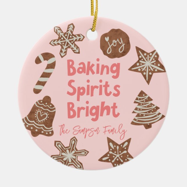 Baking Spirits Bright Holiday Cookies Pink Ceramic Ornament (Front)