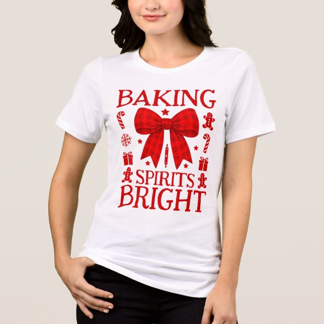 Baking Spirits Bright Red Gingham Bow Christmas Tri-Blend Shirt (Front)