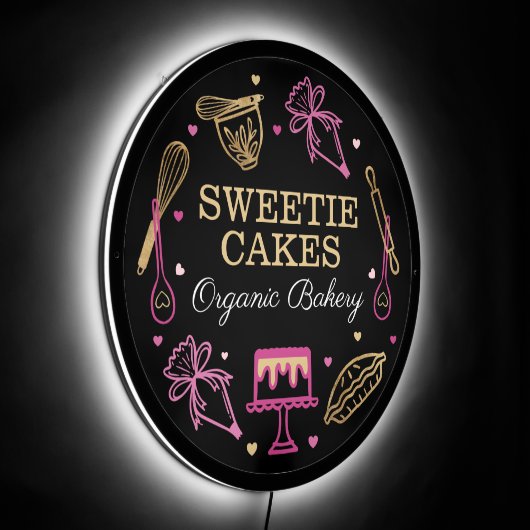 Baking Utensil Pink & Black Cake Bakery Business LED Sign (Angle)