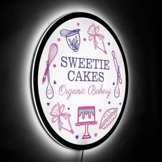 Baking Utensil Pink & Purple Cake Bakery Business LED Sign (Angle)