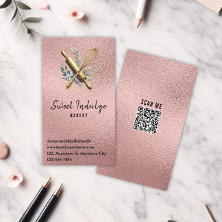 Baking Utensil QR Code Rose Gold Glitter Bakery  Business Card