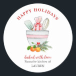 Baking Utensils Bakers Christmas Holiday Classic R Classic Round Sticker<br><div class="desc">Cute Red and white hand painted watercolor baking utensils in a mixing bowl with Christmas decoration stickers perfect for holiday baking. Customize by using the "Edit this design template" boxes on the right hand side of the item, or click the blue "Customize it" button to arrange the text, change the...</div>