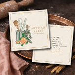 Baking Utensils Bakery Baker Square Business Card<br><div class="desc">Modern watercolor frame peach floral and plaid baker, bakery, pastry chef business cards in pretty watercolors with baking utensils: frosting spreader knife, whisk and wooden spoon. Pink, green, burnt sienna and black and white plaid. For a home baker, dessert caterer, pastry chef or bakery. The title font is a rustic...</div>
