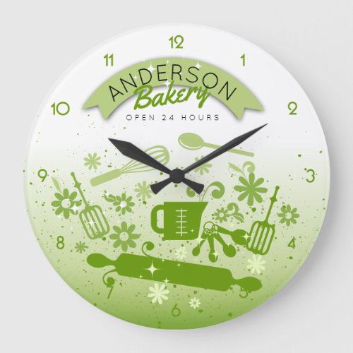 Baking utensils cooking personalized green kitchen large clock