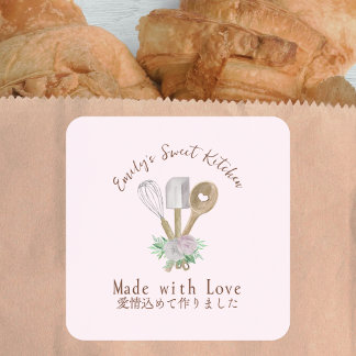 Baking Utensils Floral Pink Bakery Product Square Sticker
