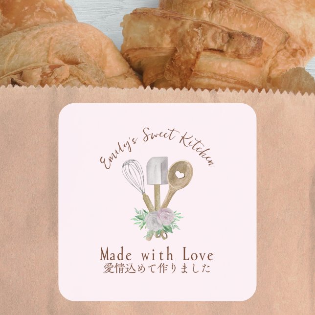 Baking Utensils Floral Pink Bakery Product Square Sticker (Creator Uploaded)