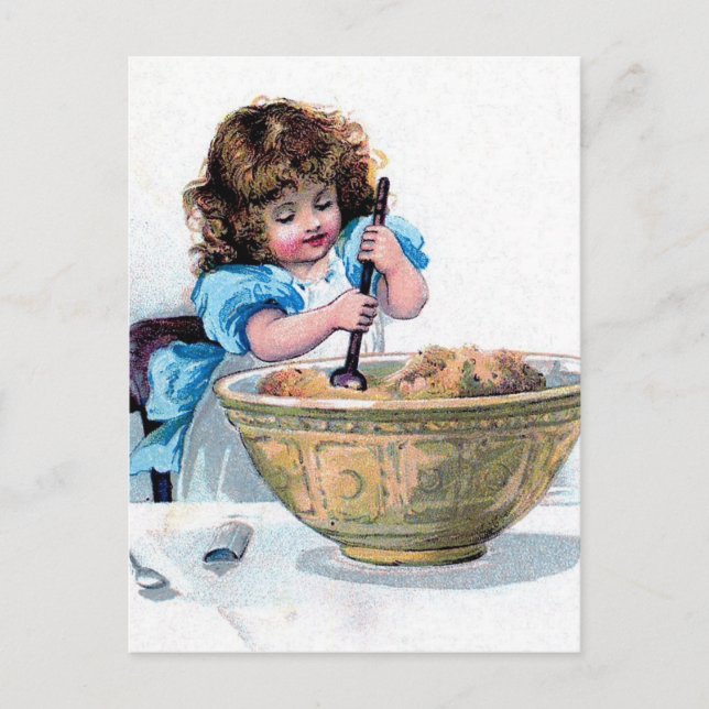 BAKING vintage girl baking cake illustration Postcard (Front)