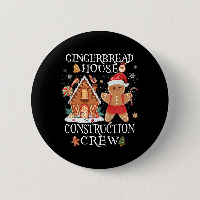 Baking Xmas Gingerbread House Construction Crew De Button (Front)