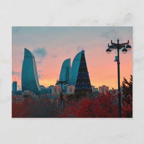 Baku skyline and flame towers postcard