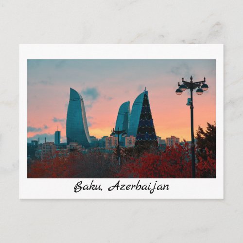 Baku skyline and flame towers postcard