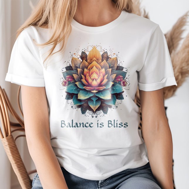 "Balance is Bliss" Vintage Colorful Lotus Flower T-Shirt ("Balance is Bliss" Vintage Colorful Lotus Flower T-Shirt on a woman)