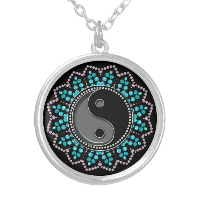 Balance YinYang Aqua Black New Age Sparkle Silver Plated Necklace (Front)