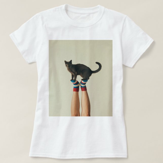 Balancing Cat on Striped Socks, Cat Lovers T-Shirt (Design Front)
