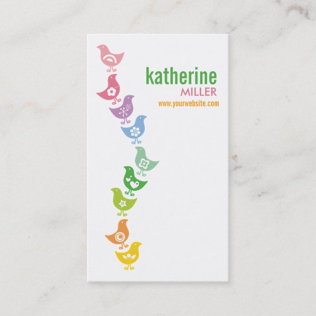 Balancing Colorful Retro Rainbow Chicks Whimsical Business Card (Front)