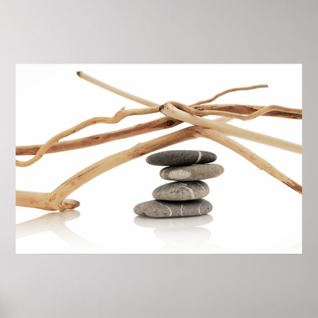 Balancing pebbles and driftwood poster (Front)
