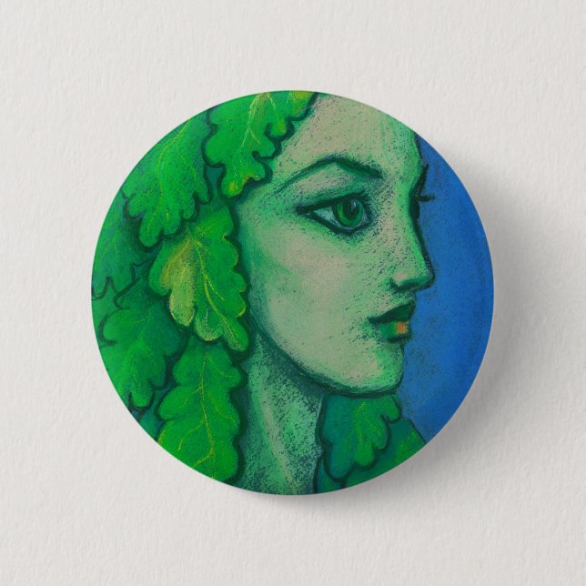 Balanis, dryad, green leaves, forest goddess, art pinback button (Front)