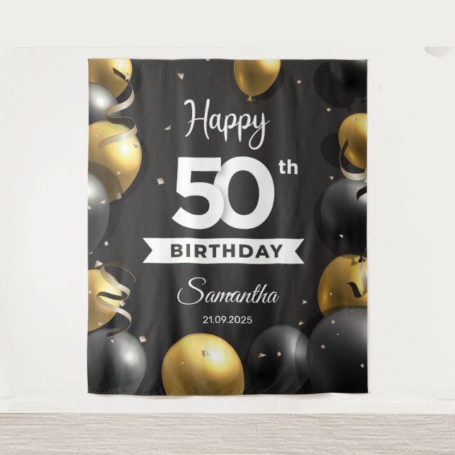 Balck and gold balloons 50th birthday backdrop (Front)
