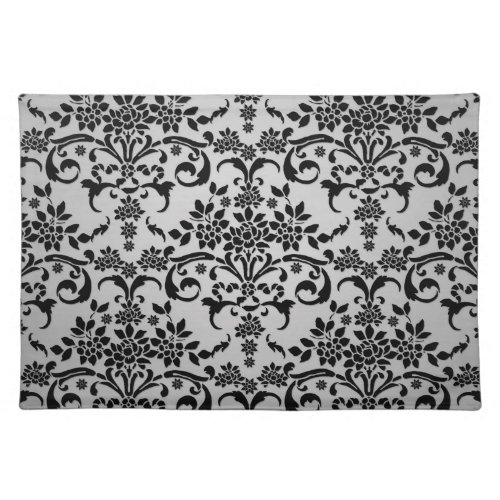 Balck and Silvery White Floral Damask Pattern Placemat