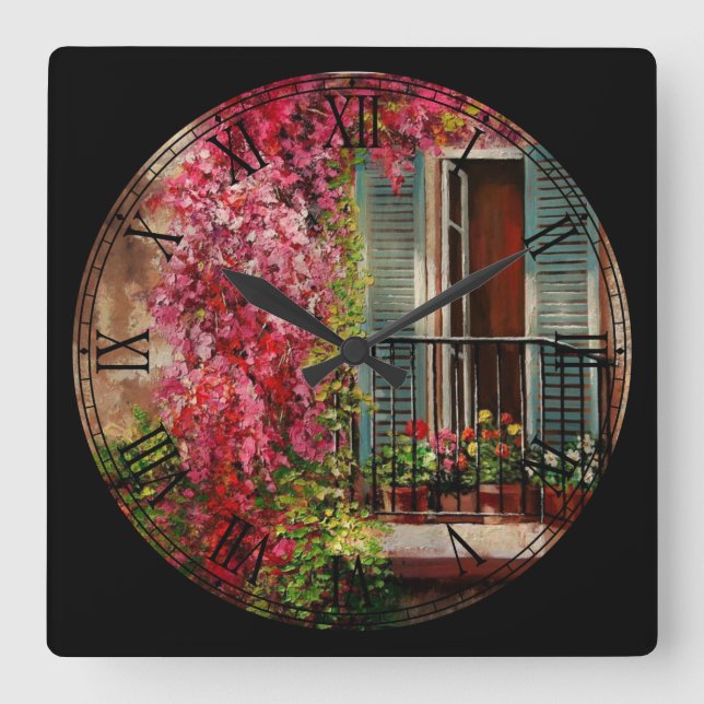 Balcony of Flowers Fine Art Roman Numeral Square Wall Clock (Front)