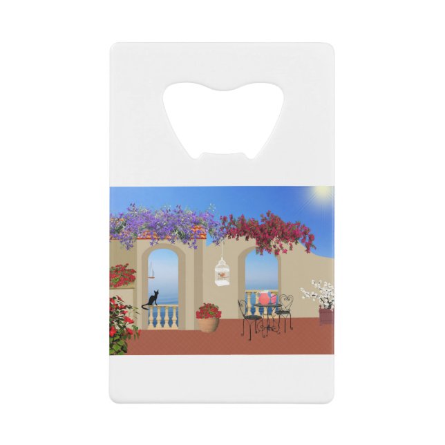Balcony Outside Flowers Table Tranquility Seaside. Credit Card Bottle Opener (Front)