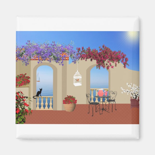 Balcony Outside Flowers Table Tranquility Seaside. Magnet (Front)